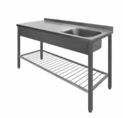 Stålbord m. vask & ribbet underhylde, 600mm dyb, mange længder