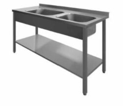 Stålbord med 2 vaske og underhylde, PSL2, 700mm dyb i mange længder
