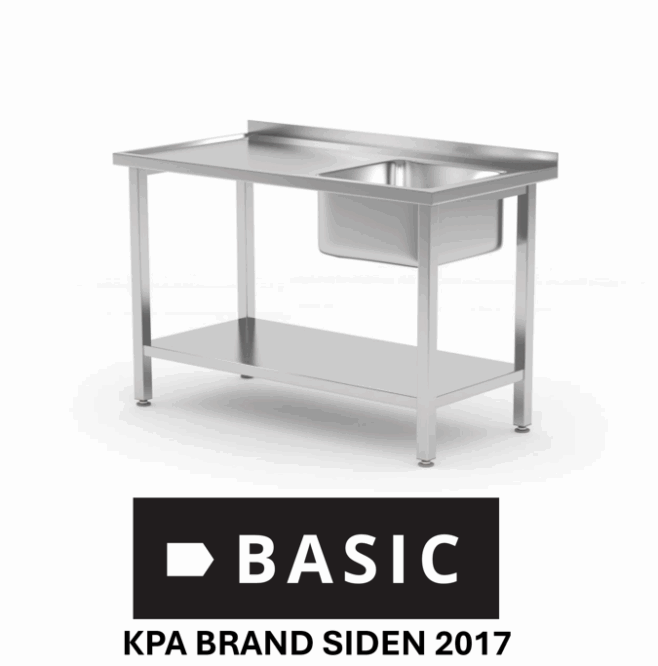 BASIC Stålbord 160x70 m/ vask i højre og underhylde (saml-selv)