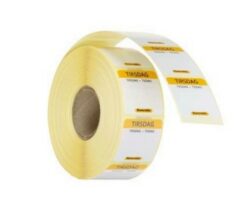 Fødevareetiket med genbrugeligt ‘’TIRSDAG'' 2,5x2,5 cm sæt á 1000 stk, Hendi