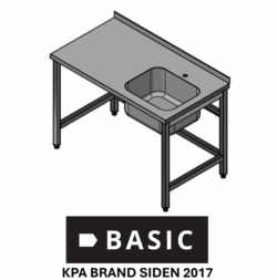 Fuldsvejst stålbord L:1600/D:700 m/ træindlæg BASIC med vask i højre side uden underhylde, Vask på 500x400x250